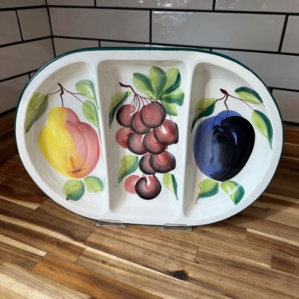 Vtg Italy Divided Serving Tray Platter Ceramic 3 Sect Hand Painted Fruit Mptif